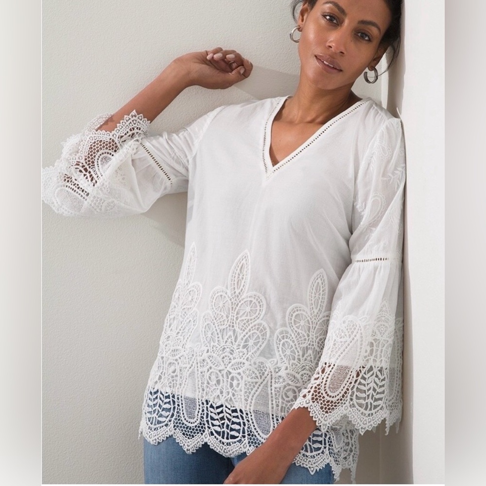 CHICO'S Boho Cottage Country Club 100% Cotton Embroidered Crochet Lace Tunic L